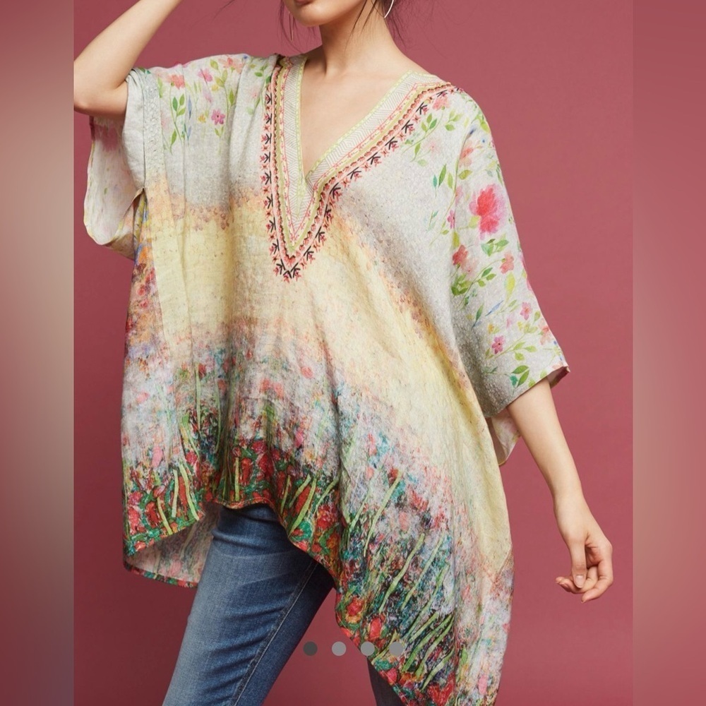 Anthropology Bl-nk Beaded 100% Linen Poncho O/S like new condition
